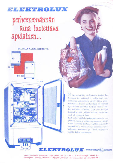 Electroxin jääkaappimainos, jossa yhdistetty piirroskuvaa ja valokuvaa