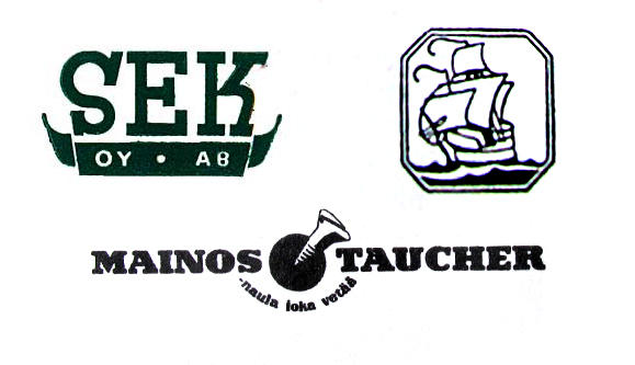 Kolmen mainostoimiston mustavalkoiset logot: SEK, Erva-Latvala ja Mainos-Taucher